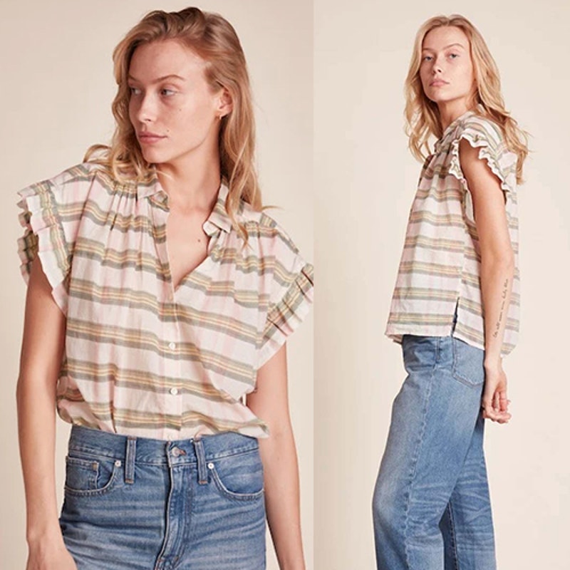 Nwt Birds Of Paradis Marianne B Ruffle Sleeve Top In Pomela Plaid Green & Pink